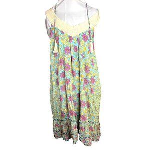 Floral Boho Sleeveless Sundress With Crochet Straps & Tassels
